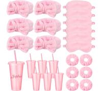 Hoteam 24 piezas de suministros de fiesta de pijamas para mujer, suministros de fiesta de pijamas, incluye 6 diademas de spa rosas, 6 coleteros de terciopelo, 6 máscaras de ojos, 6 vasos de plástico