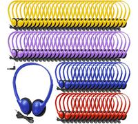 Hoteam Paquete de 100 auriculares ajustables para el aula, estudiantes a granel, con cable, color negro, con enchufe de 3.5 mm, para escuela, biblioteca, museos, donaciones benéficas (color vivo