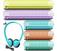 Hoteam Paquete de 100 auriculares ajustables para el aula, estudiantes a granel, con cable, color negro, con enchufe de 3.5 mm, para escuela, biblioteca, museos, caridad (colorido, clásico)