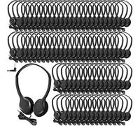 Hoteam Paquete de 100 auriculares ajustables para el aula, estudiantes a granel, con cable, color negro, con enchufe de 3.5 mm, para escuela, biblioteca, museos, donaciones benéficas (negro, novedad)