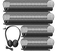 Hoteam Paquete de 100 auriculares ajustables para el aula, estudiantes a granel, con cable, color negro, con enchufe de 3.5 mm, para escuela, biblioteca, museos, caridad (negro, minimalista)