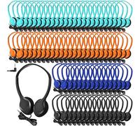 Hoteam Paquete de 100 auriculares ajustables para el aula, estudiantes a granel, con cable, color negro, con enchufe de 3.5 mm, para escuela, biblioteca, museos, donaciones benéficas (multicolor