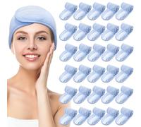 Hoteam Paquete de 30 diademas de spa para spa, diadema facial de spa a granel para lavarse la cara, maquillaje, diadema para ducha, baño, deporte, toalla ajustable con gancho y bucle (azul)