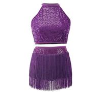 Hotfiary Conjunto de 2 Piezas de Baile Latino con Borlas para Niños, Mujer Adulta, Top de Lentejuelas Sin Mangas Y Falda de Flecos para Baile de Salón, Conjunto de Ropa de Baile para Madre E Hija