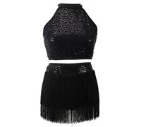 Hotfiary Conjunto de 2 Piezas de Baile Latino con Borlas para Niños, Mujer Adulta, Top de Lentejuelas Sin Mangas Y Falda de Flecos para Baile de Salón, Conjunto de Ropa de Baile para Madre E Hija