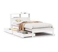 Hothingwell Cama Librería Blanco 90x200 cm Madera de pino macizo | Somier de listones incluido, cajón con ruedas, cabecera sustituye mesita de noche, colchón no incluido