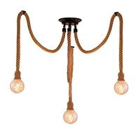 Hotloop Cuerda de cáñamo Lámpara colgante industrial retro Cable de lámpara hecho a mano con 3 luces, Lámpara de techo E27 Suspensión de madera Lámpara de techo vintage Estilo rural