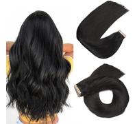 HotLulana Extensiones adhesivas de pelo natural negro de 35 cm, 40 g, invisibles, 100% natural, 20 unidades, extensiones de pelo humano 14 pulgadas #1B