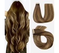 Hotlulana Extensiones Adhesivas Pelo Natural Negro Marrón Chocolate a Rubio Caramelo(#4/4/27) 20pcs 45cm 40g 18pulgadas Invisible Skin Weft Extensiones Pelo Natural