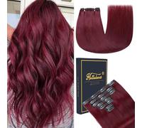 HotLulana Extensiones de Clip de Pelo Natural 7pcs 60cm 120g Burdeos Natural Invisible Extensiones de Clip in Hair Extensions （24 Pulgada,99J#）