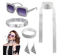 HotoPink 5 piezas de accesorios de discoteca de los años 70 con purpurina para mujer, con banda para el pelo, pendientes, pulsera, gafas, bufanda, lentejuelas, accesorios para disfraz de los años 70 y