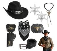 HotoPink Juego de accesorios de disfraz de vaquero occidental para hombre, kit de disfraz de salvaje oeste con sombrero de vaquero negro, bandana, funda, cinturón, collar, insignia de sheriff para