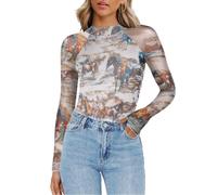 HOTOUCH Blusa de manga larga con cuello alto y malla para mujer, Blanco/Caballo, M