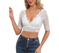Hotouch Blusa tirolesa para mujer, de encaje, media manga, color blanco y negro, Oktoberfest, cuello en V, blusa tradicional 34-46, Blanco, 44