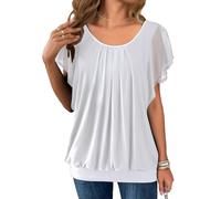 Hotouch Camiseta de manga corta para mujer, de doble capa, de malla, cuello redondo, suelta, holgada, con mangas de alas, túnica de verano, elegante, Blanco, S