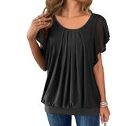 Hotouch Camiseta de manga corta para mujer, de doble capa, de malla, cuello redondo, suelta, holgada, con mangas de alas, túnica de verano, elegante, Negro , M