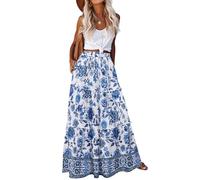 Hotouch Falda Larga Mujer Verano Faldas Cintura Elástica Alta Falda Línea A Casual Faldas Vacaciones Playa Faldas con Bolsillos Z-Flower-E L