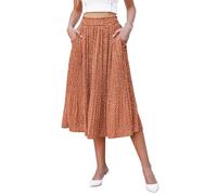Hotouch Falda Plisada Señoras Largo Lunares Cintura Elástica Midi-Falda Verano Gasa-Falda Swing Elegante Rojo Ladrillo Faldón con Bolsillos Talla XL