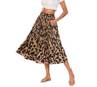 Hotouch Falda Plisada Señoras Leopardo Cintura Elástica Midi-Falda Verano Gasa-Falda Swing Elegante Falda Larga Plisada con Bolsillos Talla XXL