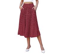 Hotouch Midifalda Señoras Verano Cintura Elástica Lunares-Falda Plisada Falda Gasa Swing Elegante Falda Plisada con Bolsillos Vino Tinto Talla L