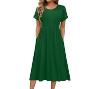 Hotouch Mujeres Casual Sólida Cuello Redondo Midi Vestido Elástico Manga Verano Vestido Largo Manga Corta Verde S
