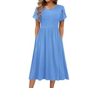 Hotouch Mujeres Casual Sólida Cuello Redondo Midi Vestido Elástico Manga Verano Vestido Largo Manga Corta Azul Claro XL