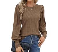 Hotouch Suéter de Punto Señoras Casual Cuello Redondo-Suéter de Tejido Otoño Elegante Unicolor Puff Manga-Suéter Delgado Cómodo Manga Larga Tops Marrón M