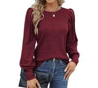 Hotouch Suéter de Punto Señoras Elegante Cuello Redondo Delgado-Suéter Manga Larga Tops Otoño Invierno Casual Suéter Manga Puff Blusa Cómodo Navidad Suéter Rojo S