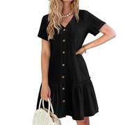 Hotouch Vestido Camisero Mujer Verano Lino Elegante con Botones Vestido Veraniego Manga Corta Túnica Escote en V Vintage Mini Negro XL