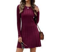 Hotouch - Vestido de punto elegante para mujer, suéter de manga larga, vestido de cuello redondo, suéter de invierno, línea A, vestido midi de cóctel, rojo, L