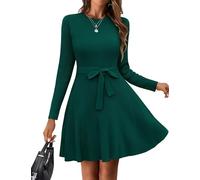 Hotouch Vestido De Punto para Mujer Cuello Redondo Suéter Elegante Túnica De Invierno con Cinturón Línea A Minivestido para Otoño Verde L