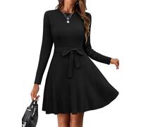 Hotouch Vestido De Punto para Mujer Cuello Redondo Vestido De Suéter Elegante Túnica Vestido De Invierno con Cinturón Suéter Línea A Minivestido para Otoño Negro M