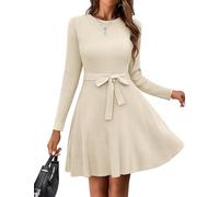 Hotouch Vestido De Punto para Mujer Cuello Redondo Vestido De Suéter Elegante Túnica Vestido De Invierno con Cinturón Suéter Línea A Minivestido para Otoño Beige L