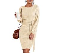 HOTOUCH Vestido de punto para mujer, de manga larga, informal, con cuello redondo, elegante vestido tipo suéter, beige, S