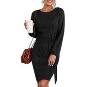 HOTOUCH Vestido de punto para mujer, de manga larga, informal, con cuello redondo, elegante vestido tipo suéter, Negro, S