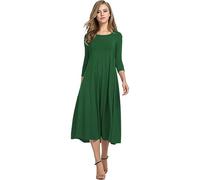 HOTOUCH Vestidos midi elegantes de manga 3/4 para mujer, vestido de verano acampanado, vestidos de cuello redondo liso con bolsillos, tallas S-3XL, Verde oscuro#, L