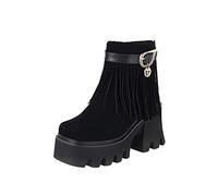 HOTRA Botas de Mujer con Gran Plataforma Botines de Ante con Hebilla y Flecos Zapatos Casuales con Punta Cuadrada (Color : Negro, Size : 38 EU)