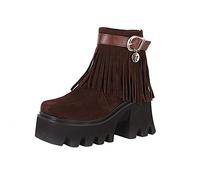 HOTRA Botas de Mujer con Gran Plataforma Botines de Ante con Hebilla y Flecos Zapatos Casuales con Punta Cuadrada (Color : Brown, Size : 38 EU)