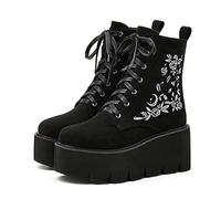 HOTRA Botas de Plataforma Gótica para Mujer Zapatos de Piel Gruesa con Bordado Punk Botines Combat de Ante con Cordones (Color : Negro, Size : 40 EU)