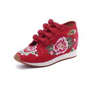 HOTRA Flor de Mujer Bordada Zapatos de Plataforma Cómodas Zapatillas de Lona con Cuña Calzado de Forro Polar Cálido de Invierno (Color : Red with Plush, Size : 38 EU)