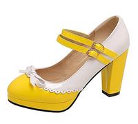 HOTRA Mujer Rockabilly Pump Mary Janes con Lazo Zapato Retro de Punta Redonda con Correa al Tobillo Zapatos Oxford con Plataforma (Color : Yellow, Size : 37 EU)
