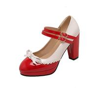 HOTRA Mujer Rockabilly Pump Mary Janes con Lazo Zapato Retro de Punta Redonda con Correa al Tobillo Zapatos Oxford con Plataforma (Color : Rojo, Size : 37 EU)