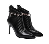 HOTRA Tacón de Aguja Botines para Mujer Dedo del pie Puntiagudo Botín con Cremalleras Traseras con Cadena de Diamantes de Imitación de Metal para Fiestas Graduación (Black, numeric_38)