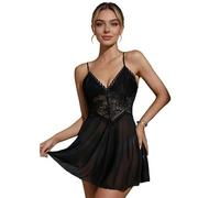 HOTSO Conjunto de Lencería Pijama Sexy Mujer Transparente Picardías Atractivas Camisón Encaje Floral Negligee, Teddy Babydoll Mini Deep V Erótica Ropa Interior Tanga de Dormir Sleepwear para Mujer