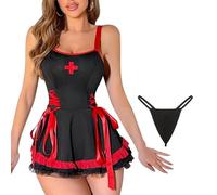 HOTSO Mujer Conjunto de Lencería Sexy Lingerie Uniforme de Enfermera Cosplay Costume, Babydoll Disfraz Mini Vestid de Atractivo Traje Roleplay Ropa de Dormir con Tocado para Halloween Clubwear