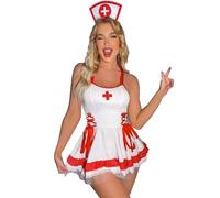HOTSO Mujer Conjunto de Lencería Sexy Lingerie Uniforme de Enfermera Cosplay Costume, Babydoll Disfraz Mini Vestid de Atractivo Traje Roleplay Ropa de Dormir con Tocado para Halloween Clubwear