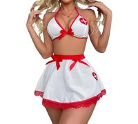 HOTSO Mujer Enfermera Cosplay Conjunto Lencería Disfraz Lingerie Set 3 Piezas, Babydoll Brasier Halter Minifalda y Tanga Juego de Roles Uniforme Outfits, Tentacion Camisetas Vestido Ropa de Dormir