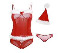 HOTSO Mujer Navidad Conjuntos de Lencería de Fiesta Navidad Sexy Bikini de Ropa Interior Chrismas Semi Transparente Disfraz de Papá Noel Sujetador con Plumaje+Tangas+Gorro Santa