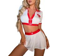 HOTSO Mujer Sexy Disfraz Cosplay Enfermera Conjunto Lencería Nurse Uniforme Ropa Interior Body Sirvienta Top Manga Corta Minifalda, Enfermería Role Mujeres Nightwear Falda Corta Sleepwear