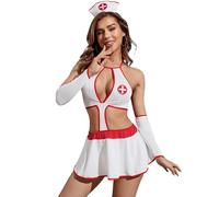 HOTSO Sexy Conjunto de Enfermera Lencería para Mujer, Picardías Trajes Cosplay Costume Uniforme Disfraz Outfits Ropa de Dormir Juego de Rol Camisón con Mangas Pijiama para San Valentin Halloween